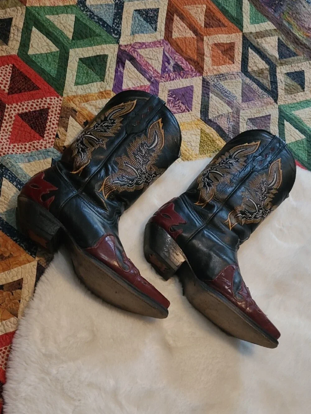 Vintage Lladro Embroidered Leather Flame Cowboy Boots Size 9.5